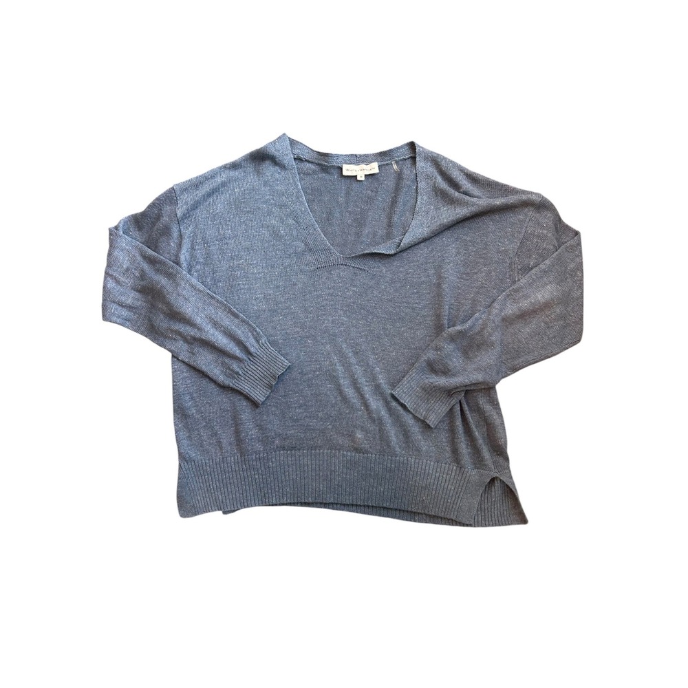 White + Warren Blue Gray Linen V Neck Relaxed Pullover Sweater Womens Medium